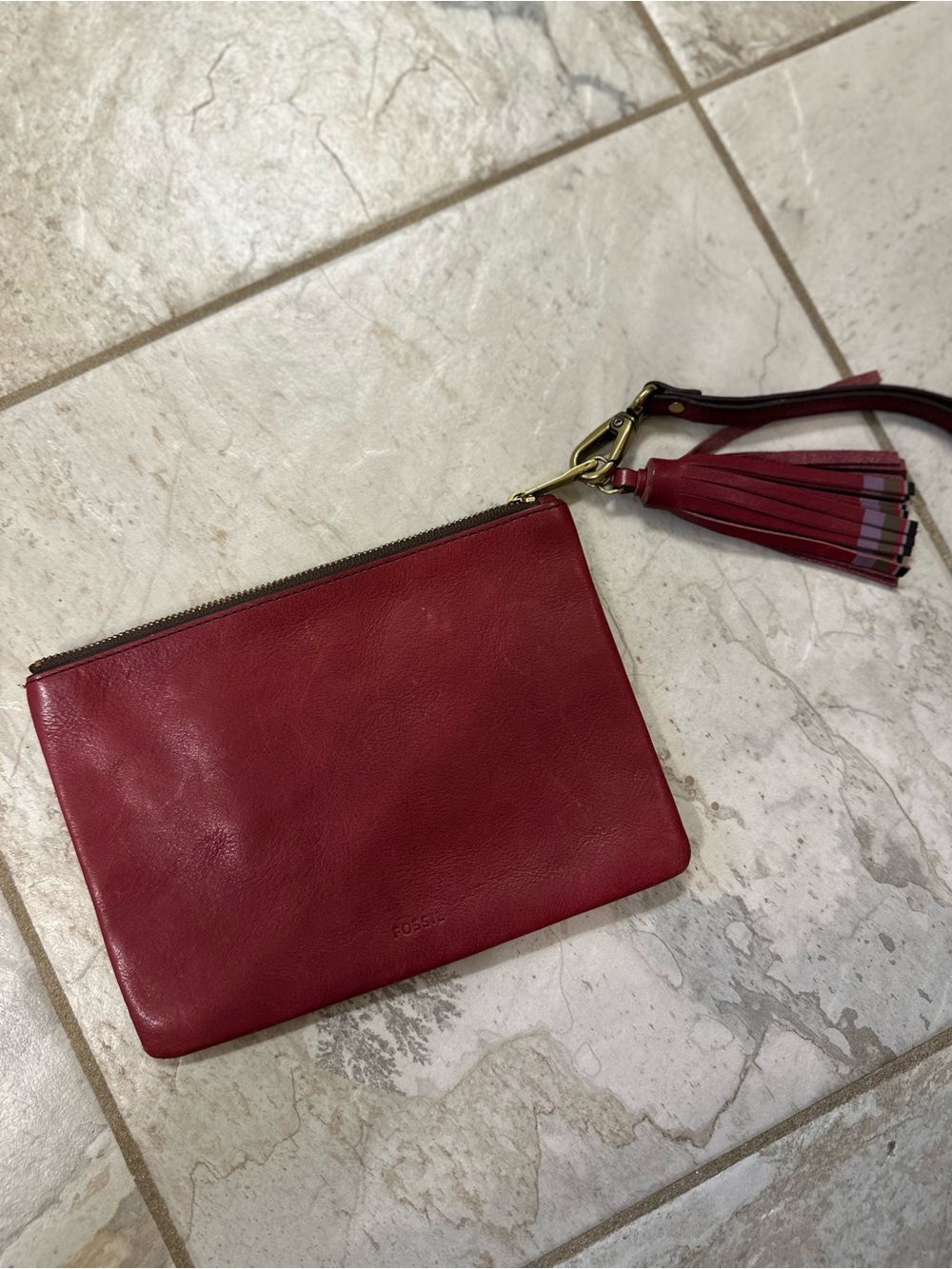 Fossil Burgundy Leather Wristlet Clutch with Tassel Strap